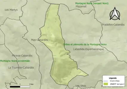 Carte de la ZNIEFF de type 2 sur la commune.