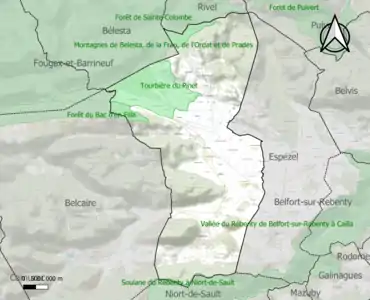 Carte des ZNIEFF de type 1 sur la commune.