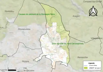 Carte des ZNIEFF de type 2 sur la commune.