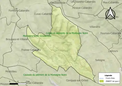 Carte des ZNIEFF de type 2 sur la commune.