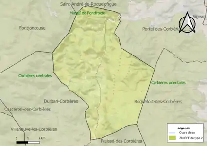 Carte des ZNIEFF de type 2 sur la commune.