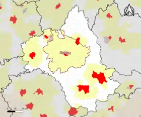 Localisation de l'aire d'attraction de Rodez dans le département de l'Aveyron.