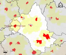 Localisation de l'aire d'attraction de Villefranche-de-Rouergue dans le département de l'Aveyron.