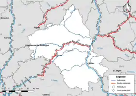 Carte du réseau routier national (autoroutes et routes nationales) dans le département de l'Aveyron