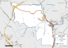 Carte en couleur présentant le réseau hydrographique de la commune