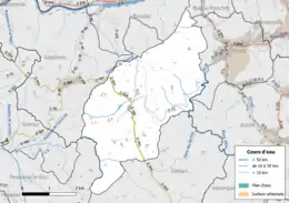 Carte en couleur présentant le réseau hydrographique de la commune