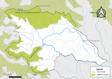 Carte de la ZNIEFF de type 2 de la commune.