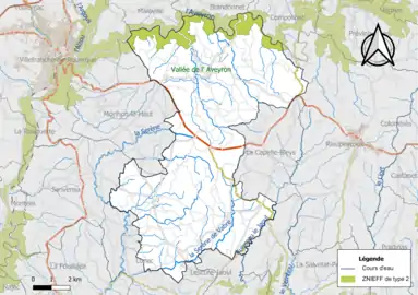 Carte de la ZNIEFF de type 2 de la commune.