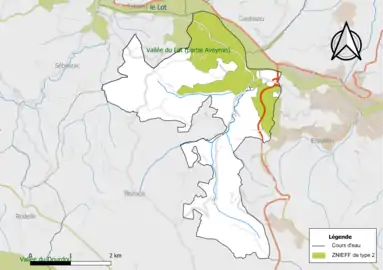 Carte de la ZNIEFF de type 2 de la commune.