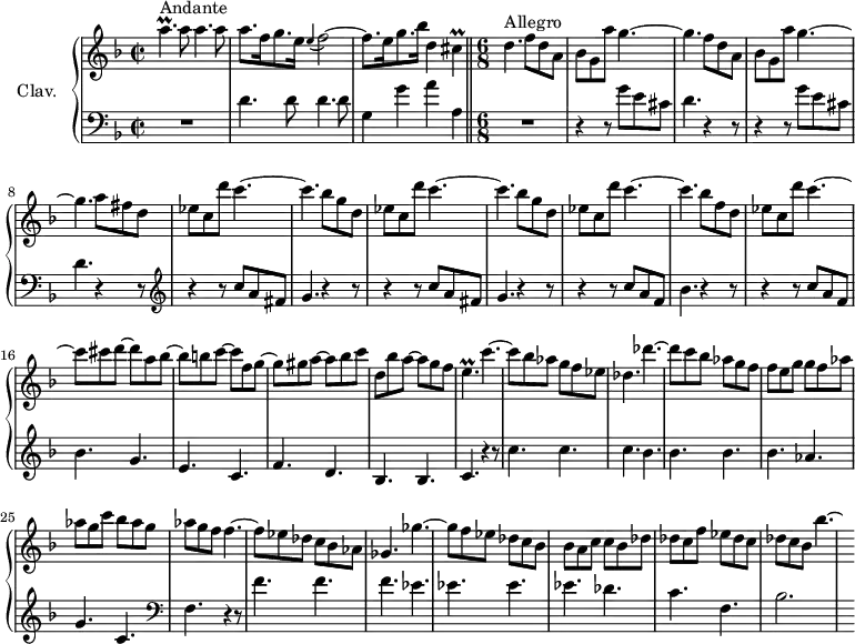 
\version "2.18.2"
\header {
  tagline = ##f
  % composer = "Domenico Scarlatti"
  % opus = "K. 396"
  % meter = "Andante/Allegro"
}
%% les petites notes
trillApUp     = { \tag #'print { a'4.\prall } \tag #'midi { bes32 a bes a~ a4 } }
appoFb        = { \tag #'print { \appoggiatura e4 f2~ } \tag #'midi { e4 f4~ } }
trillCis      = { \tag #'print { cis4\prall } \tag #'midi { d32 cis d cis~   \tempo 2 = 30 cis8   \tempo 2 = 110 } }
trillep       = { \tag #'print { e4.\prall } \tag #'midi { f32 e f e~ e4 } }
upper = \relative c'' {
  \clef treble 
  \key d \minor
  \time 2/2
  \tempo 2 = 56
  \set Staff.midiInstrument = #"harpsichord"
  \override TupletBracket.bracket-visibility = ##f
      s8*0^\markup{Andante}
      \trillApUp a8 a4. a8 | a8. f16 g8. e16 \appoFb | f8. e16 g8. bes16 d,4 \trillCis  \time 6/8   \tempo 4. = 110
      % ms. 4
      d4.^\markup{Allegro} \repeat unfold 2 {  f8 d a | bes g a' g4.~ | g4. }
      % ms. 8 suite
      a8 fis d | ees c d' c4.~ | \repeat unfold 2 { c4. bes8 g d | ees c d' c4.~ } |
      % ms. 14
      c4. bes8 f d | ees c d' c4.~ |
      % ms. 16
      c8 cis d~ d a bes~ | bes b c~ c f, g~ | g gis a~ a bes c | d, bes' a~ a g f |
      % ms. 20
      \trillep c'4.~ | c8 bes aes g f ees | des4. des'4.~ | des8 c bes aes g f | f e g g f aes |
      % ms. 25
      aes g c bes aes g | aes g f f4.~ | f8 ees des c bes aes | ges4. ges'~ | ges8 f ees des c bes |
      % ms. 30
      bes8 a c c bes des | des c f ees des c | des c bes bes'4.~ | \hideNotes bes8*1/8
}
lower = \relative c' {
  \clef bass
  \key d \minor
  \time 2/2
  \set Staff.midiInstrument = #"harpsichord"
  \override TupletBracket.bracket-visibility = ##f
    % ************************************** \appoggiatura a16  \repeat unfold 2 {  } \times 2/3 { }   \omit TupletNumber 
      R1 | \repeat unfold 2 { d4. d8 } | g,4 g' a a, \bar "||"  \time 6/8
      % ms. 4
      R2. | \repeat unfold 2 { r4 r8 g'8 e cis | d4. r4 r8 } |   \clef treble 
      % ms. 9
      \repeat unfold 2 { r4 r8 c'8 a fis | g4. r4 r8 } | r4 r8 c8 a f | bes4. r4 r8 | r4 r8 c8 a f |
      % ms. 16
      bes4. g | e c | f d | bes bes |
      % ms. 20
      c4. r4 r8 | c'4. c | c bes | bes bes | bes aes |
      % ms. 25
      g4. c, |   \clef bass f,4. r4 r8 | f'4. f | f ees | ees ees |
      % ms. 30
      ees4. des | c f, | bes2. | s64
}
thePianoStaff = \new PianoStaff <<
    \set PianoStaff.instrumentName = #"Clav."
    \new Staff = "upper" \upper
    \new Staff = "lower" \lower
  >>
\score {
  \keepWithTag #'print \thePianoStaff
  \layout {
      #(layout-set-staff-size 17)
    \context {
      \Score
     \override SpacingSpanner.common-shortest-duration = #(ly:make-moment 1/2)
      \remove "Metronome_mark_engraver"
    }
  }
}
\score {
  \keepWithTag #'midi \thePianoStaff
  \midi { }
}
