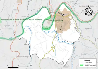 Carte de la ZNIEFF de type 1 de la commune.