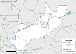 Carte en couleur présentant le réseau hydrographique de la commune