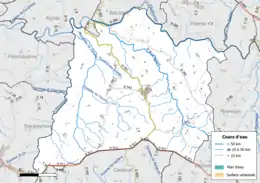 Carte en couleur présentant le réseau hydrographique de la commune