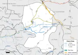 Carte en couleur présentant le réseau hydrographique de la commune