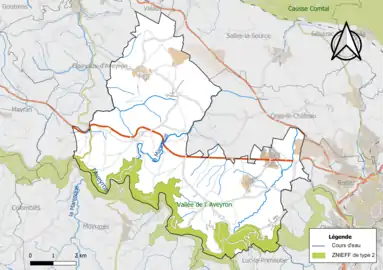 Carte de la ZNIEFF de type 2 de la commune.