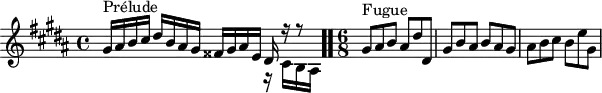 
\version "2.18.2"
\header {
  tagline = ##f
}
\score {
<<
  \relative c'' {
    \key gis \minor
    \time 4/4
	\set Staff.midiInstrument = #"harpsichord" 
     %% INCIPIT CBT II-18, BWV 887, sol-dièse mineur
     << { s8*0^\markup{Prélude} gis16 ais b cis dis b ais gis fisis gis ais e dis r16 r8 } \\ { s2. r16 cis b ais } >>  \bar ".."
     \time 6/8
     s8*0^\markup{Fugue} gis'8 ais b ais dis dis, | gis b ais b ais gis ais b cis b e gis,
  }
>>
  \layout {
     \context { \Score \remove "Metronome_mark_engraver" 
     \override SpacingSpanner.common-shortest-duration = #(ly:make-moment 1/2)
 }
       }
  \midi {}
}
