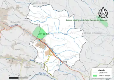 Carte de la ZNIEFF de type 1 de la commune.