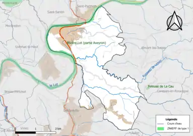 Carte de la ZNIEFF de type 1 de la commune.