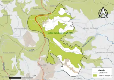 Carte de la ZNIEFF de type 2 de la commune.