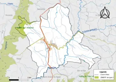 Carte de la ZNIEFF de type 2 de la commune.