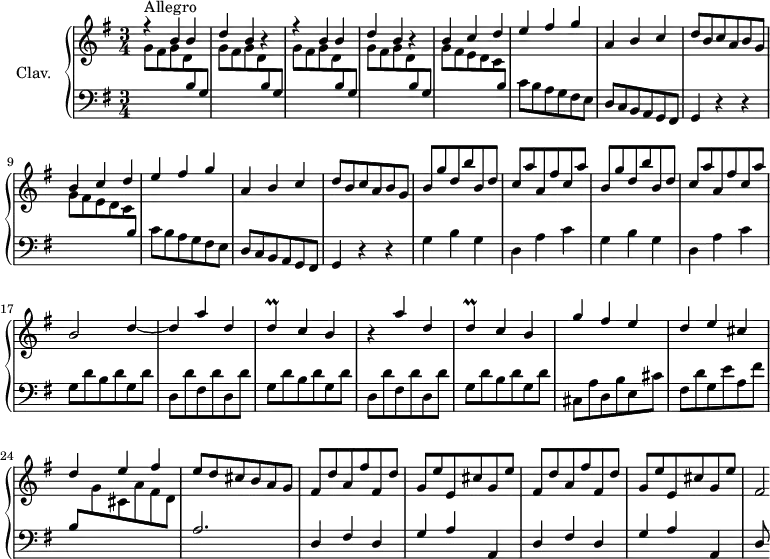 
\version "2.18.2"
\header {
  tagline = ##f
}
%% les petites notes
trillD     = { \tag #'print { d4\prall } \tag #'midi { e32 d e d~ d8 } }
upper = \relative c'' {
  \clef treble 
  \key g \major
  \time 3/4
  \tempo 4 = 152
  \set Staff.midiInstrument = #"harpsichord"
      s8*0^\markup{Allegro}
      \stemUp \repeat unfold 2 { r4 b4 b | d b r4 } | b4 c d | e fis g | 
      % ms. 7
      a, b c | d8 b c a b g | b4 c d | e fis g | a, b c | d8 b c a b g |
      % ms. 13
      \repeat unfold 2 { b8 g' d b' b, d | c a' a, fis' c a' } | b,2 d4~ | d4 a' d, |
      % ms. 19
      \trillD c4 b | r4 a'4 d, | \trillD c4 b | g' fis e | d e cis | d e fis 
      % ms. 25
      e8 d cis b a g | \repeat unfold 2 { fis d' a fis' fis, d' | g, e' e, cis' g e' } | fis,2*1/4
}
lower = \relative c' {
  \clef bass
  \key g \major
  \time 3/4
  \set Staff.midiInstrument = #"harpsichord"
    % **************************************
      \repeat unfold 4 { \stemDown \change Staff = "upper" g'8 fis g d  \stemUp \change Staff = "lower" b g  } | \repeat unfold 2 { \stemDown \change Staff = "upper" g'8 fis e d c \stemUp \change Staff = "lower" b | \stemNeutral c b a g fis e |
      % ms. 7
      d8 c b a g fis | g4 r4 r4 } |
      % ms. 13
      \repeat unfold 2 { g'4 b g | d a' c } |  \repeat unfold 2 { g8 d' b d g, d' | d, d' fis, d' d, d' } |
      % ms. 21
      g,8 d' b d g, d' | cis,8 a' d, b' e, cis' | fis, d' g, e' a, fis' | \stemUp b, \stemDown \change Staff = "upper" g' cis, a' fis d | 
      % ms. 
      \stemUp \change Staff = "lower" a2. | \repeat unfold 2 { d,4 fis d | g a a, } | d8
}
thePianoStaff = \new PianoStaff <<
    \set PianoStaff.instrumentName = #"Clav."
    \new Staff = "upper" \upper
    \new Staff = "lower" \lower
  >>
\score {
  \keepWithTag #'print \thePianoStaff
  \layout {
      #(layout-set-staff-size 17)
    \context {
      \Score
     \override SpacingSpanner.common-shortest-duration = #(ly:make-moment 1/2)
      \remove "Metronome_mark_engraver"
    }
  }
}
\score {
  \keepWithTag #'midi \thePianoStaff
  \midi { }
}
