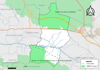 Carte des ZNIEFF de type 1 de la commune.