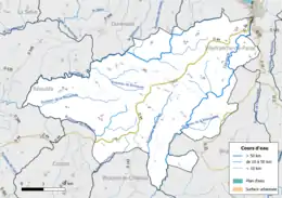 Carte en couleur présentant le réseau hydrographique de la commune