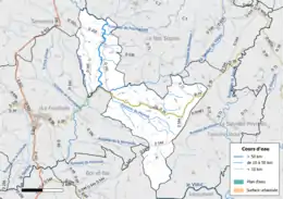 Carte en couleur présentant le réseau hydrographique de la commune