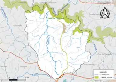 Carte de la ZNIEFF de type 2 de la commune.