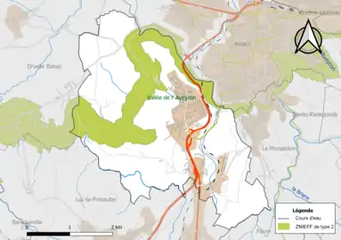 Carte de la ZNIEFF de type 2 de la commune.