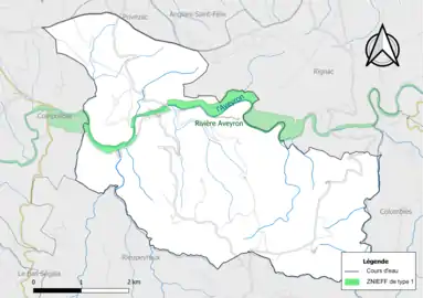 Carte de la ZNIEFF de type 1 de la commune.