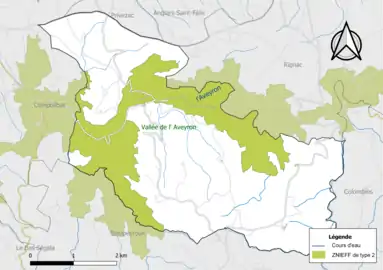 Carte de la ZNIEFF de type 2 de la commune.