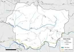 Carte en couleur présentant le réseau hydrographique de la commune