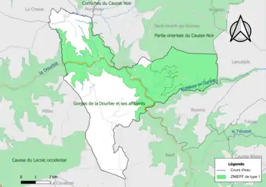 Carte des ZNIEFF de type 1 de la commune.