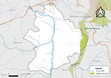 Carte de la ZNIEFF de type 2 de la commune.