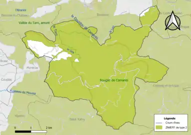 Carte des ZNIEFF de type 2 de la commune.