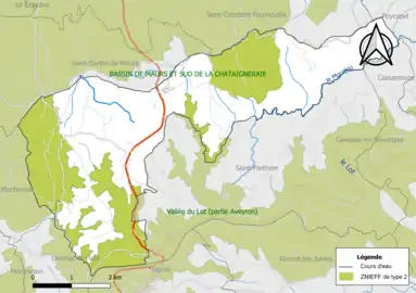 Carte des ZNIEFF de type 2 de la commune.