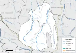 Carte en couleur présentant le réseau hydrographique de la commune