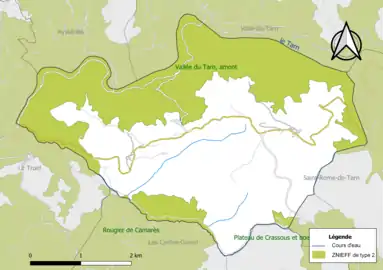 Carte des ZNIEFF de type 2 de la commune.