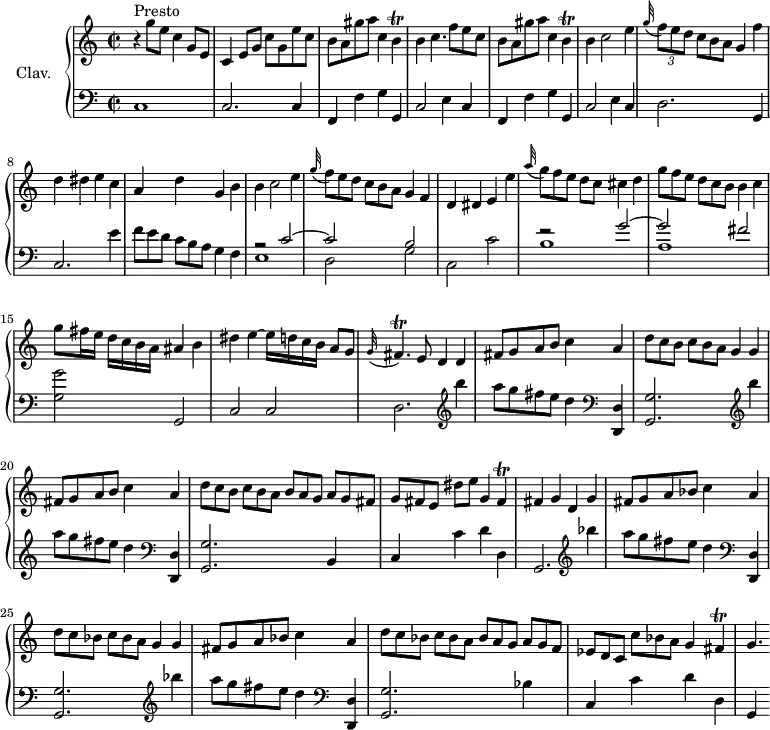 
\version "2.18.2"
\header {
  tagline = ##f
  % composer = "Domenico Scarlatti"
  % opus = "K. 49"
  % meter = "Presto"
}
%% les petites notes
trillB         = { \tag #'print { b4\trill } \tag #'midi { c32 b c b~ b8 } }
trillFispq     = { \tag #'print { \appoggiatura g32 fis4.\trill } \tag #'midi { g32 fis g fis~ fis4 } }
trillFis       = { \tag #'print { fis4\trill } \tag #'midi { g32 fis g fis~ fis8 } }
upper = \relative c'' {
  \clef treble 
  \key c \major
  \time 2/2
  \tempo 2 = 94
  \set Staff.midiInstrument = #"harpsichord"
  \override TupletBracket.bracket-visibility = ##f
      s8*0^\markup{Presto}
      r4 g'8 e c4 g8 e | c4 e8 g c g e' c | b a gis' a  c,4 \trillB | b4 c4. f8 e c |
      % ms. 5
      b8 a gis' a c,4 \trillB | b4 c2 e4 | \appoggiatura g32 \times 2/3 { f8 e d } \omit TupletNumber \times 2/3 { c8[ b a] } g4 f' | d dis e c | a d g, b |
      % ms. 10
      b4 c2 e4 | \appoggiatura g32 \times 2/3 { f8 e d }  \times 2/3 { c8[ b a] } g4 f | d dis e e' | \appoggiatura a32 \times 2/3 { g8 f e } d8[ c] cis4 d | \times 2/3 { g8 f e }  \times 2/3 { d8[ c b] } b4 c |
      % ms. 15
      g'8 fis16 e d[ c b a] ais4 b | dis e4~ e16 d c b a8[ g] | \trillFispq e8 d4 d4 | fis8 g a b c4 a |
      % ms. 19
      \times 2/3 { d8 c b }  \times 2/3 { c8[ b a] } g4 g | fis8 g a b c4 a | \times 2/3 { d8 c b }  \times 2/3 { c8[ b a] } \times 2/3 { b8 a g } \times 2/3 { a8[ g fis] } | \times 2/3 { g8[ fis e] } dis'8 e g,4 \trillFis |
      % ms. 23
      fis4 g d g | fis8 g a bes c4 a | \times 2/3 { d8 c bes }  \times 2/3 { c8[ bes a] } g4 g | fis8 g a bes c4 a | \times 2/3 { d8 c bes }  \times 2/3 { c8[ bes a] } \times 2/3 { bes8 a g }  \times 2/3 { a8[ g f] }
      % ms. 28
      \times 2/3 { ees8 d c }  \times 2/3 { c'8[ bes a] } g4 \trillFis | g4.*1/2 s16
      % ms. 32
}
lower = \relative c' {
  \clef bass
  \key c \major
  \time 2/2
  \set Staff.midiInstrument = #"harpsichord"
  \override TupletBracket.bracket-visibility = ##f
    % ************************************** \appoggiatura a16  \repeat unfold 2 {  } \times 2/3 { }   \omit TupletNumber 
      c,1 | c2. c4 | \repeat unfold 2 { f, f' g g, | c2 e4 c } |
      % ms. 7
      d2. g,4 | c2. e'4 |  \omit TupletNumber \times 2/3 { f8 e d }  \times 2/3 { c8[ b a] } g4 f |
      % ms. 10
      << { r2 c'2~ | c b | s1 | r2 g'2~ | g fis } \\ { e,1 | d2 g | c, c' | b1 | a } >>
      % ms. 15
      < g g' >2 g, | c c | d2.  \repeat unfold 2 { \clef treble  b'''4 | a8 g fis e d4   \clef bass < d,,, d' >4 
      % ms. 19
      < g g' >2. } b4 | c c' d d, |
      % ms. 23
      g,2. \repeat unfold 2 { \clef treble  bes'''4 | a8 g fis e d4 | \clef bass < d,,, d' >4 |< g g' >2. } bes'4 |
      % ms. 28
      c,4 c' d d, | g,
      % ms. 32
}
thePianoStaff = \new PianoStaff <<
    \set PianoStaff.instrumentName = #"Clav."
    \new Staff = "upper" \upper
    \new Staff = "lower" \lower
  >>
\score {
  \keepWithTag #'print \thePianoStaff
  \layout {
      #(layout-set-staff-size 17)
    \context {
      \Score
     \override SpacingSpanner.common-shortest-duration = #(ly:make-moment 1/2)
      \remove "Metronome_mark_engraver"
    }
  }
}
\score {
  \keepWithTag #'midi \thePianoStaff
  \midi { }
}
