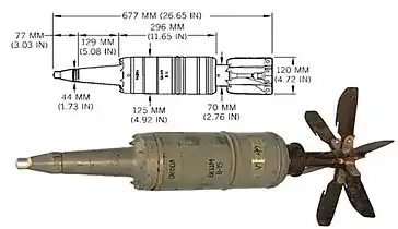 Un obus explosif à charge creuse BK14M de 125 mm avec son empennage déployé.