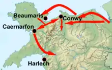 Carte des principaux lieux mentionnés dans l'article montrant la progression d'est en ouest des armées anglaises
