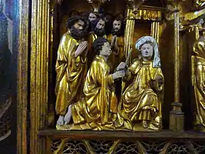 Le Retable de la Vierge, partie centrale du registre inférieur, la Dormition (les apôtres sont réunis autour de la Vierge qui leur fait ses adieux).