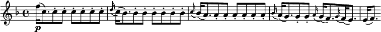 
    \relative c'' {
    \version "2.18.2"
    \key f \major
    f16(\p[ c8.) c8-. c8-.] \repeat unfold 4 { c8-. } |\noBreak
    \appoggiatura d16 c([ bes8.) bes8-. bes8-.] \repeat unfold 4 { bes8-. } |\noBreak
    \appoggiatura c16 bes([ a8.) a8-. a8-.] \repeat unfold 4 { a8-. } |\noBreak
    \appoggiatura bes16 a([ g8.) g8-. g8-.] \appoggiatura a16 g([ f8.) \appoggiatura g16 f( e8.)] |\noBreak
    e16( f8.)
  }
