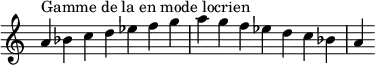  {
\override Score.TimeSignature #'stencil = ##f
\relative c'' {
  \clef treble \time 7/4
  a4^\markup { Gamme de la en mode locrien } bes c d es f g a g f es d c bes a
} }
