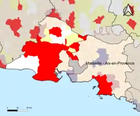 Localisation de l'aire d'attraction de Marseille - Aix-en-Provence dans le département des Bouches-du-Rhône.