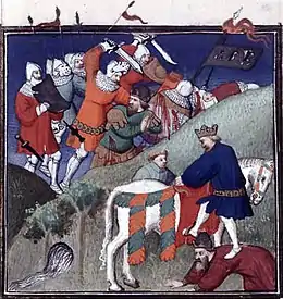 Tableau montrant au premier plan un noble montant sur un cheval blanc en prenant appui sur un serviteur, au fond des hommes en armure tenant une épée tuent des civils désarmés