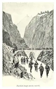 Troupes turques en marche au Yémen, gravure de Walter Burton Harris, 1893.