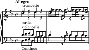  
\version "2.18.2"
\header {
  tagline = ##f
}
upper = \relative c'' {
  \clef treble 
  \key d \major
  \time 4/4
  \tempo "Allegro"
  \tempo 4 = 92
  %\override TupletBracket.bracket-visibility = ##f
   %% Scarlatti — Dixit Dominus [I] incipit
   << { d4^\markup{trompette} r4 e4 r4 | d4 r8 e8 fis e fis e } \\ { fis4_\markup{cordes} r4 e4 r4 fis16 a a a a,8 a' r16 a16 a a a,8 a'  } >>
}
lower = \relative c' {
  \clef bass
  \key d \major
  \time 4/4
   << { d8^\markup{violoncelle} e fis d a b cis a | d4 r8 cis8 d cis d cis } \\ { d,8_\markup{Continuo} e fis d a' b cis a | d4 r8 cis8 d cis d cis } >>
}
\score {
  \new PianoStaff <<
    \new Staff = "upper" \upper
    \new Staff = "lower" \lower
  >>
  \layout {
    #(layout-set-staff-size 17)
    \context {
      \Score
       \override SpacingSpanner.common-shortest-duration = #(ly:make-moment 1/2)
    }
  }
  \midi { }
}
