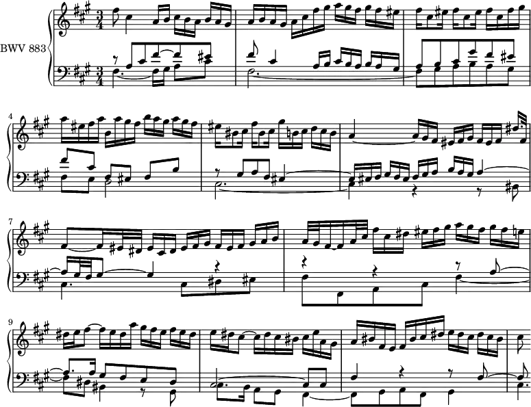 
\version "2.18.2"
\header {
  tagline = ##f
}
upper = \relative c' {
  \clef treble 
  \key fis \minor
  \time 3/4
  \tempo 4 = 52 % tempo de Keller
  \set Staff.midiInstrument = #"harpsichord" 
   %% PRÉLUDE CBT II-14, BWV 883, fa-dièse mineur
   fis'8 cis4 a16 b \tuplet 3/2 { cis16[ b a] } \tuplet 3/2 { b a gis } | a16 b a gis a cis fis gis \tuplet 3/2 { a gis fis } \tuplet 3/2 { gis[ fis eis] } fis16 cis8 eis16 fis cis8 eis16 fis cis fis gis | a eis fis a b, a' gis fis \tuplet 3/2 { b a gis } \tuplet 3/2 { a[ gis fis] } | eis16 bis8 cis16 fis16 bis,8 cis16 \tuplet 3/2 { gis' b, cis } \tuplet 3/2 { d[ cis b] } | a4~ \tuplet 3/2 { a16 gis fis } \tuplet 3/2 { eis[ fis gis] } \tuplet 3/2 { fis[ eis fis] } dis'16. fis,32 | fis8~ fis16 eis32 dis \tuplet 3/2 { eis16 cis dis } \tuplet 3/2 { eis[ fis gis] } \tuplet 3/2 { fis eis fis } \tuplet 3/2 { gis[ a b] } | a32 gis fis16~ fis a32 cis \tuplet 3/2 { fis16 cis dis } \tuplet 3/2 { eis[ fis gis] } \tuplet 3/2 { a gis fis } \tuplet 3/2 { gis[ fis e] } | dis16 e fis8~ fis16 e dis a' \tuplet 3/2 { gis fis e } \tuplet 3/2 { fis[ e dis] } e16 dis cis8~ cis16 dis cis bis cis e a, gis a bis fis e fis bis cis dis \tuplet 3/2 { e dis cis } \tuplet 3/2 { dis[ cis bis] } | cis8 
}
lower = \relative c' {
  \clef bass 
  \key fis \minor
  \time 3/4
  \set Staff.midiInstrument = #"harpsichord" 
   << { r8 a8 cis fis~ fis eis fis cis4 a16 b \tuplet 3/2 { cis b a } \tuplet 3/2 { b[ a gis] } a8 b cis gis' fis eis | fis[ cis] fis, eis fis[ b] | r8 gis a fis eis4~ \tuplet 3/2 { eis16 eis fis } \tuplet 3/2 { gis[ fis eis] } \tuplet 3/2 { fis gis a } \tuplet 3/2 { b[ a gis] } a4~ a16 gis32 fis gis8~ gis4 r4 r4 r4 r8 a8~ | a8. a16 gis8 fis e dis cis2~ cis8 cis fis4 r4 r8 fis8~ | fis8 } \\ { fis4.~ fis16 gis a8 cis | fis,2.~ fis8 gis a b a gis | fis e d2 cis2.~ cis4 r4 r8 bis8 | cis4. cis8 dis eis | fis fis, a cis fis4~ fis8 dis bis4 r8 gis8 cis8. b16 a8 gis fis4~ | fis8 gis a fis gis4 | cis4.*1/4 } >>
} 
\score {
  \new PianoStaff <<
    \set PianoStaff.instrumentName = #"BWV 883"
    \new Staff = "upper" \upper
    \new Staff = "lower" \lower
  >>
  \layout {
    \context {
      \Score
      \remove "Metronome_mark_engraver"
      \omit TupletNumber
      \omit TupletBracket
      \override SpacingSpanner.common-shortest-duration = #(ly:make-moment 1/2) 
     }
  }
  \midi { }
}
